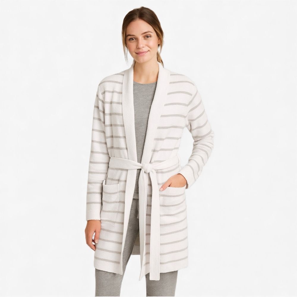 Barefoot Dreams CozyChic Lite Stripe Robe S/M Gray White Belted Loungewear